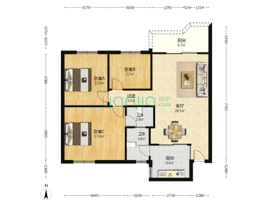 湖园小区 3室1厅2卫 98平方