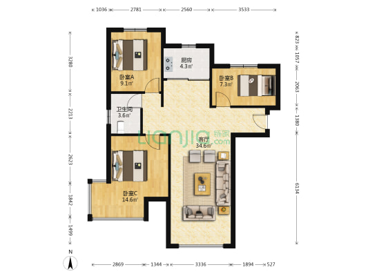 诚意出售，精装修, 明厨明卫，转角飘窗，价位可聊。-户型图