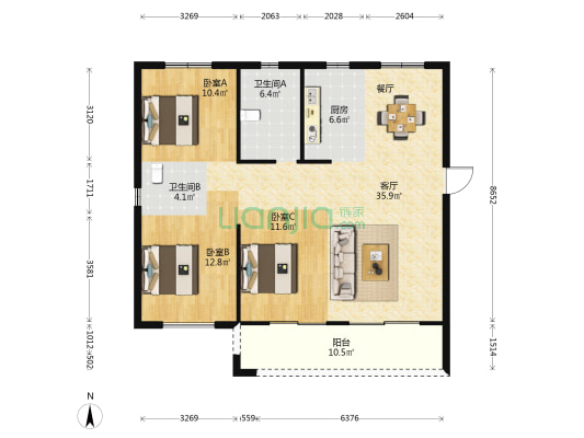 弘祥天璟 3室1厅2卫 125平方