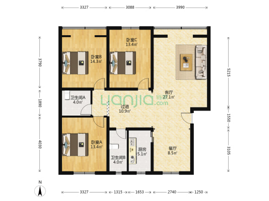 联盟苑 3室2厅2卫 127平方