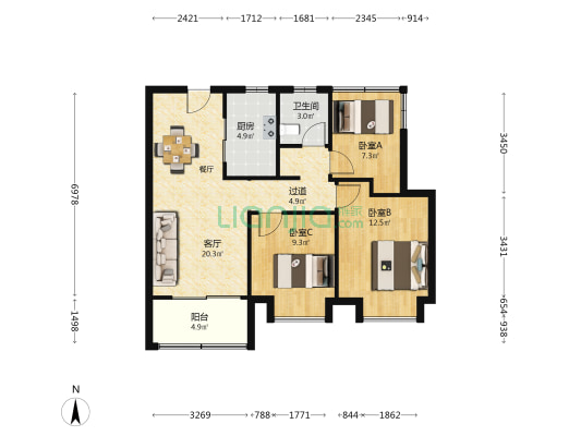 招商奥体公园一期 3室1厅1卫 89平方