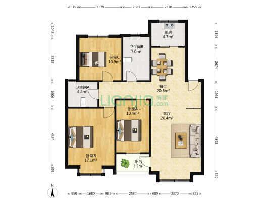 华家新村 3室2厅2卫 122平方