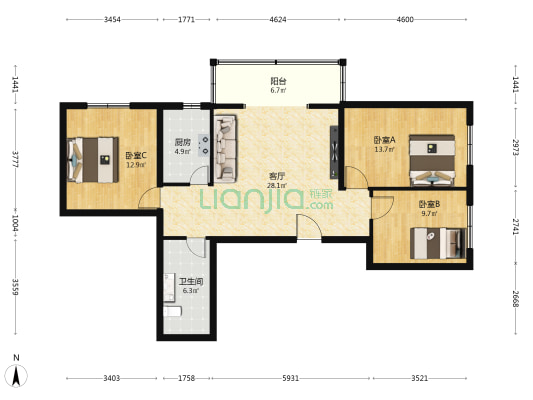 北沙沟甲108号院 3室1厅1卫 115平方