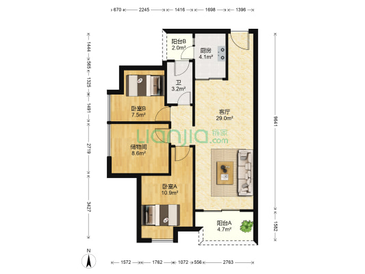 智慧新城 2室1厅1卫 90平方