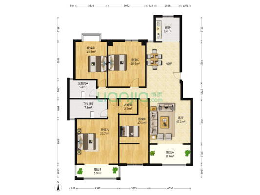高知公寓 4室1厅2卫 162平方