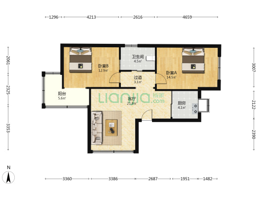 电信宿舍 2室1厅1卫 84平方