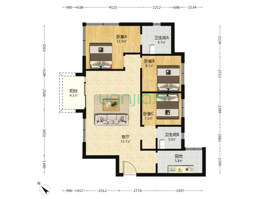 天府中心城C时代 3室1厅2卫 92平方