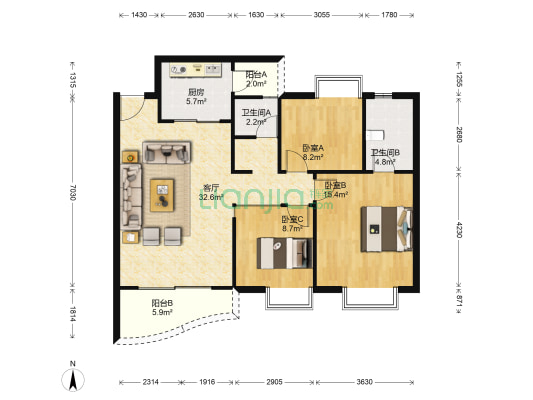 学府苑(南岸) 3室1厅2卫 97平方