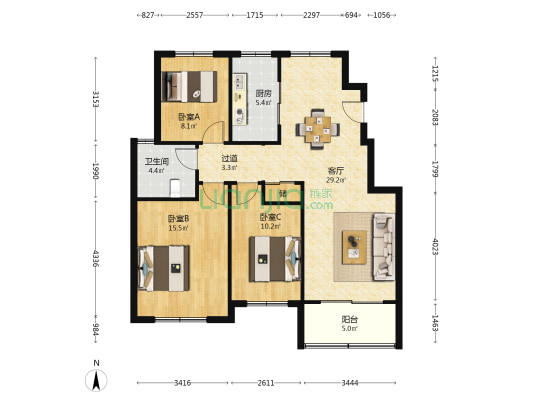 捋马雅居 3室1厅1卫 104平方