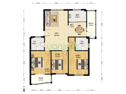 松花江公寓221号 3室2厅2卫 122平方