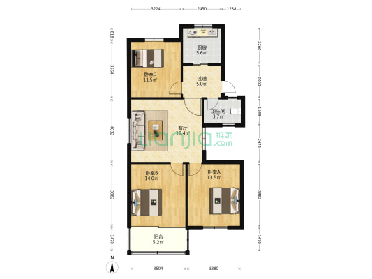 四马路 3室1厅1卫 90平方