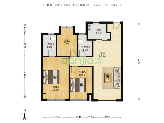 云萃景园 3室1厅2卫 96平方