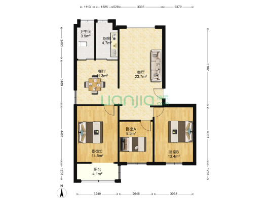 幸福社区二区 3室2厅1卫 80平方