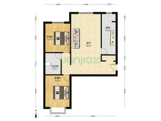 理想城大两居室   南北通透户型  采光好 通风好-户型图