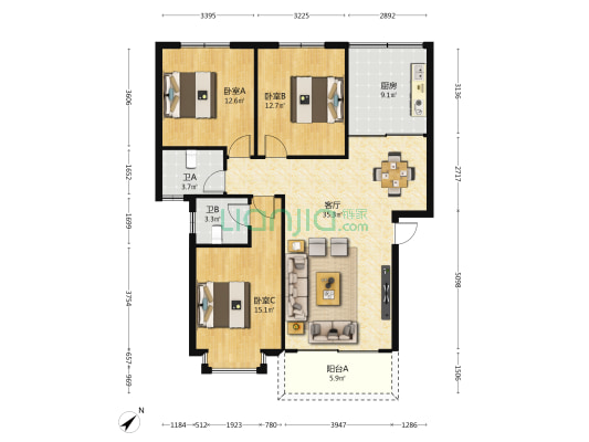 麒龙城市花园 3室1厅2卫 115平方