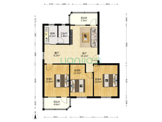 机电宿舍 3室2厅1卫 96平方