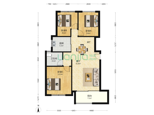 水榭花城 3室1厅1卫 94平方