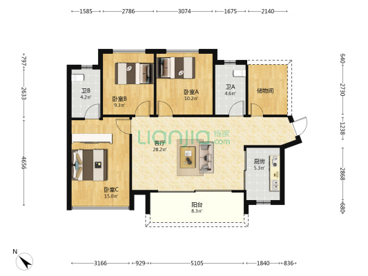 君逸府 3室1厅2卫 105平方