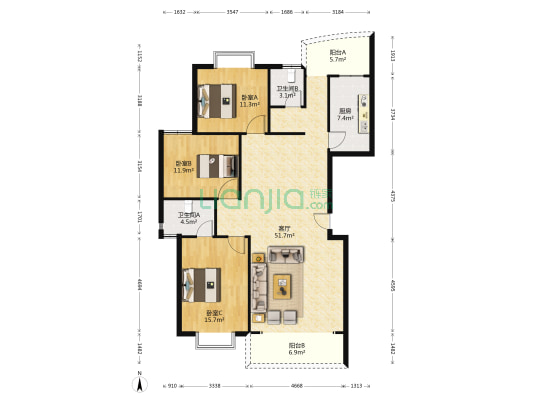 山水华苑 3室1厅2卫 141平方