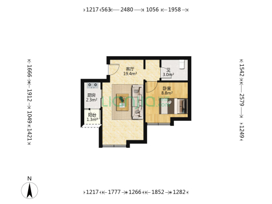 江北万达公寓 1室1厅1卫 51平方