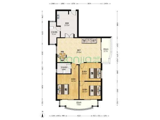 大同花园南区 3室1厅2卫 136平方