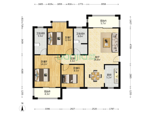 天鸿嘉园 3室1厅2卫 117平方