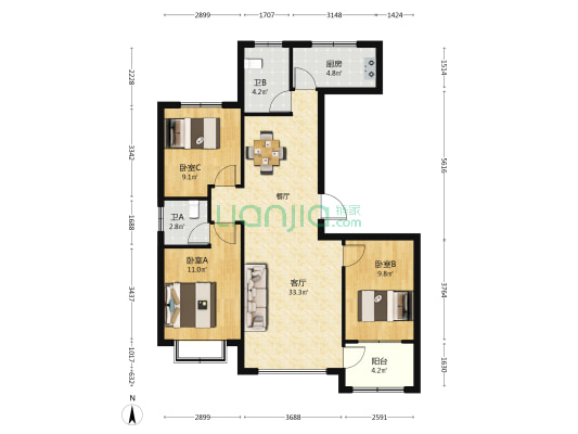 盛元名府 3室1厅2卫 115平方