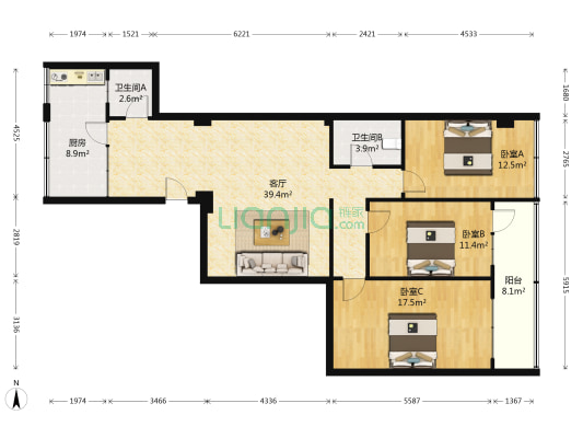 机具厂家属院 3室1厅2卫 106平方