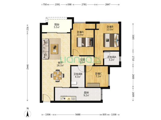 金地自在城愉悦天境 3室1厅2卫 93平方