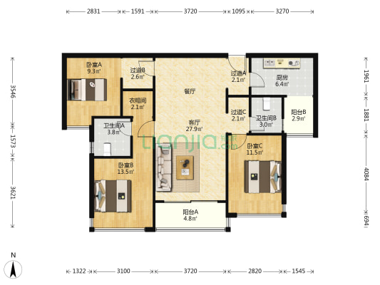 中粮观澜祥云 3室1厅2卫 118平方