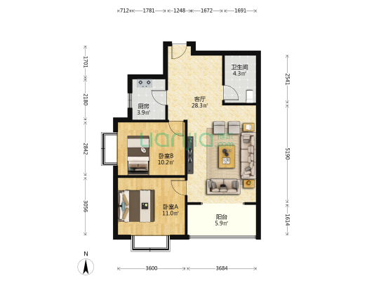 上层观邸 2室1厅1卫 87平方