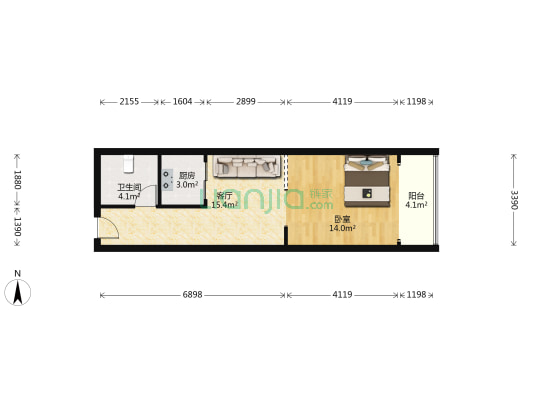 海岸国际公寓 1室1厅1卫 53平方