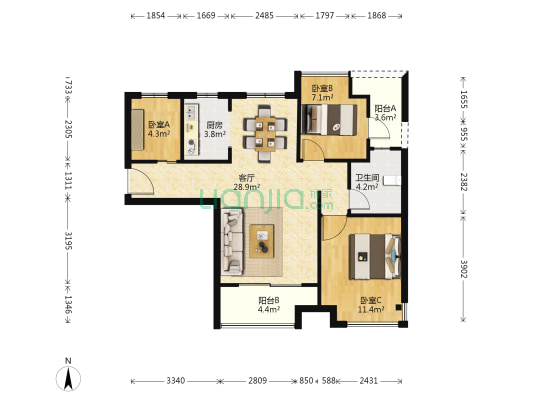 沿海翡丽公馆B区 3室1厅1卫 95平方