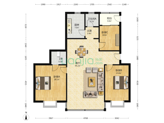 同兴花园 3室1厅2卫 124平方