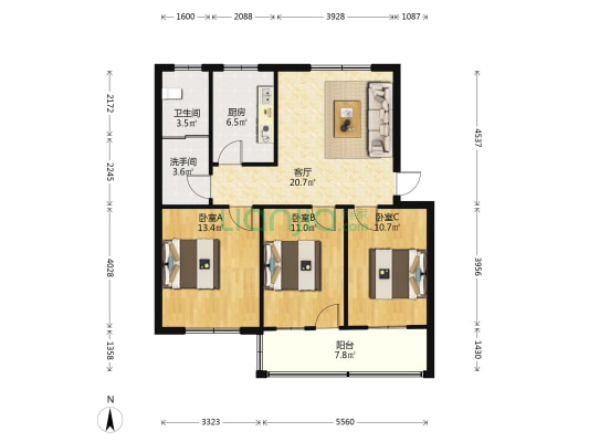 盐业小区 3室1厅2卫 91平方