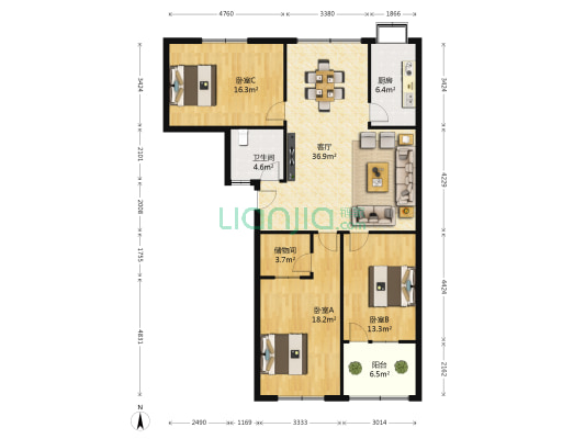 三六零七生活小区 3室1厅1卫 128平方