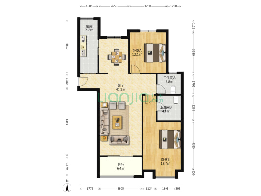 桃园雅居B区 2室1厅2卫 120平方