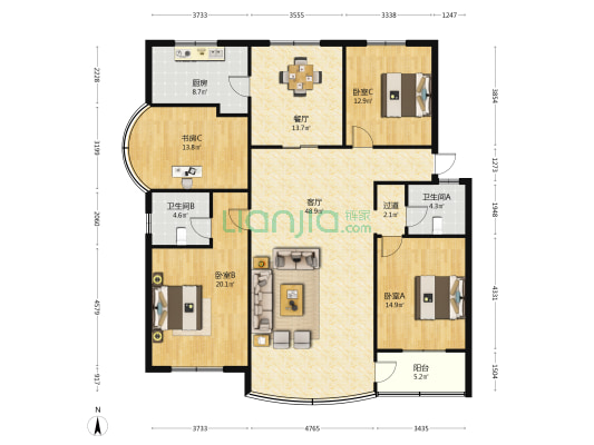 兴唐花园 4室2厅2卫 168平方