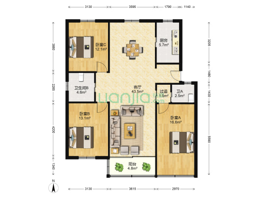 解放四村南区 3室1厅2卫 113平方