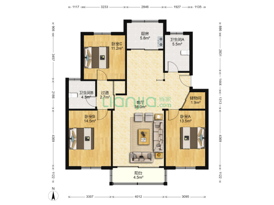 华阳花苑 3室1厅2卫 126平方
