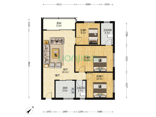 华联大厦 3室1厅2卫 92平方