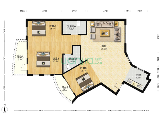 锦绣富园 3室1厅2卫 138平方