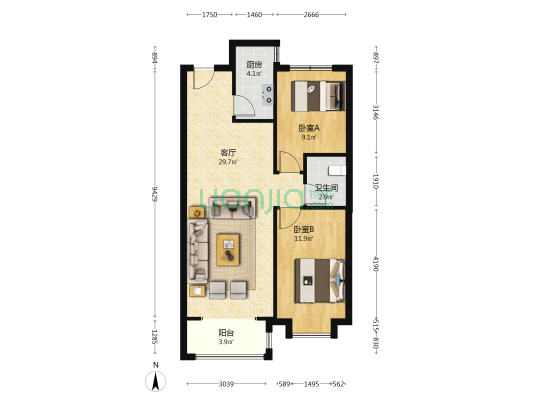 卓立布鲁克林 2室1厅1卫 90平方