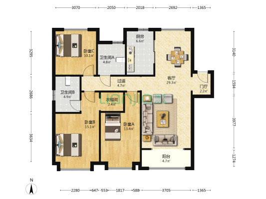 融创融智园 3室1厅2卫 136平方