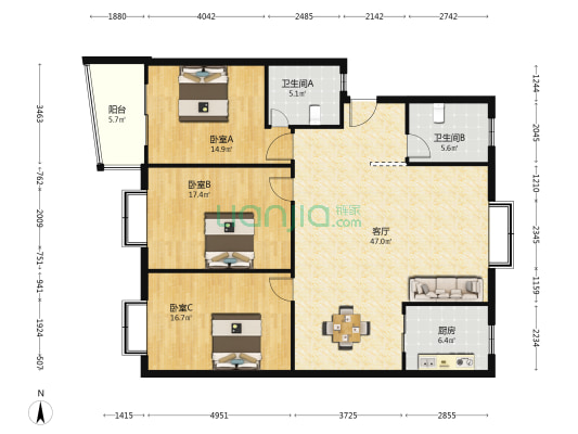 明强花园 3室1厅2卫 139平方
