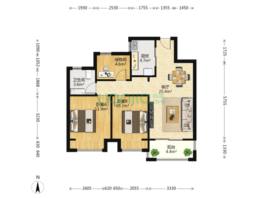 玉兰公馆二区 2室1厅1卫 88平方