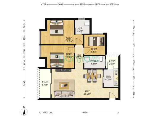 津北新都汇 3室1厅2卫 100平方