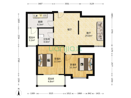 山水康桥 2室1厅1卫 87平方