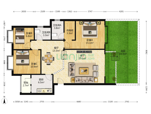 美洲花园二期 3室2厅2卫 116平方
