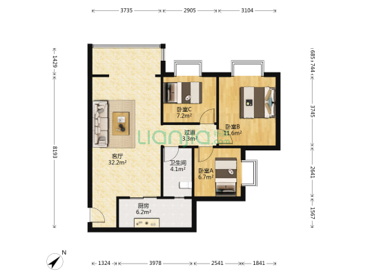 麒雅中央花园D区 3室1厅1卫 92平方